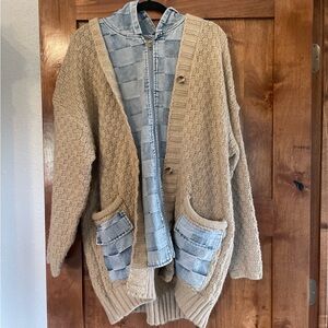 BiBi Tan Knit Cardigan with Denim Accents